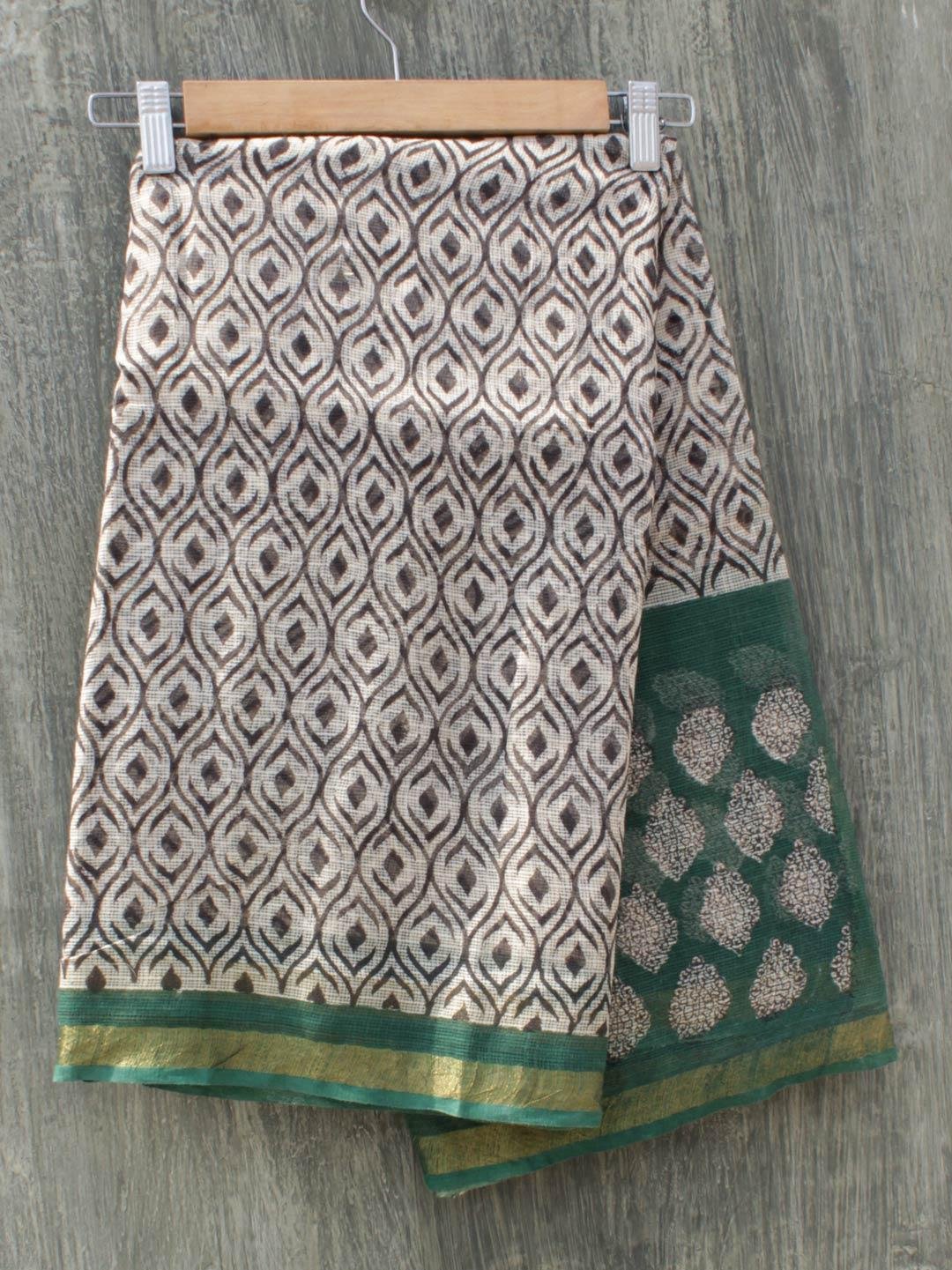 Black,-white,-green-block-printed-Kota-doria-cotton-saree Black,-white,-green-block-printed-Kota-doria-cotton-saree at Shilphaat.com