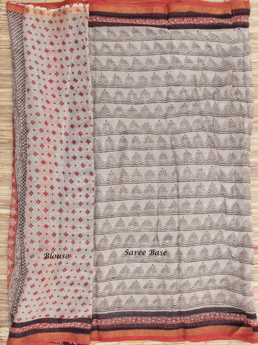 Off-white--and-Black-block-printed-Kota-cotton-sari Off-white--and-Black-block-printed-Kota-cotton-sari
