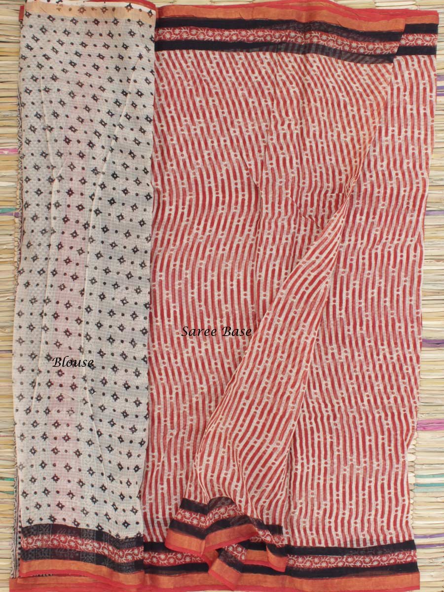 Dark-Red-and-Cream-block-printed-Kota-cotton-sari Dark-Red-and-Cream-block-printed-Kota-cotton-sari