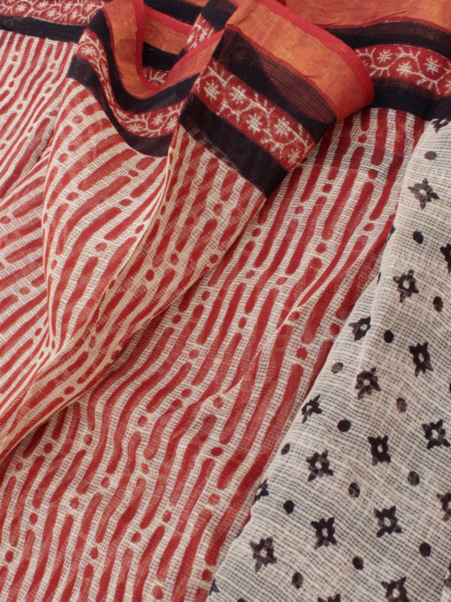 Dark-Red-and-Cream--block-printed-Kota-doria-sari-Shilphaat Dark-Red-and-Cream--block-printed-Kota-doria-sari-Shilphaat