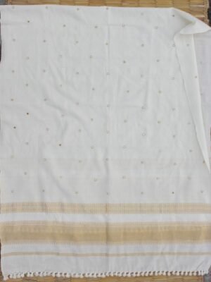 Cream-white-and-golden-woolen-mirrorwork-shawl at Shilphaat.com