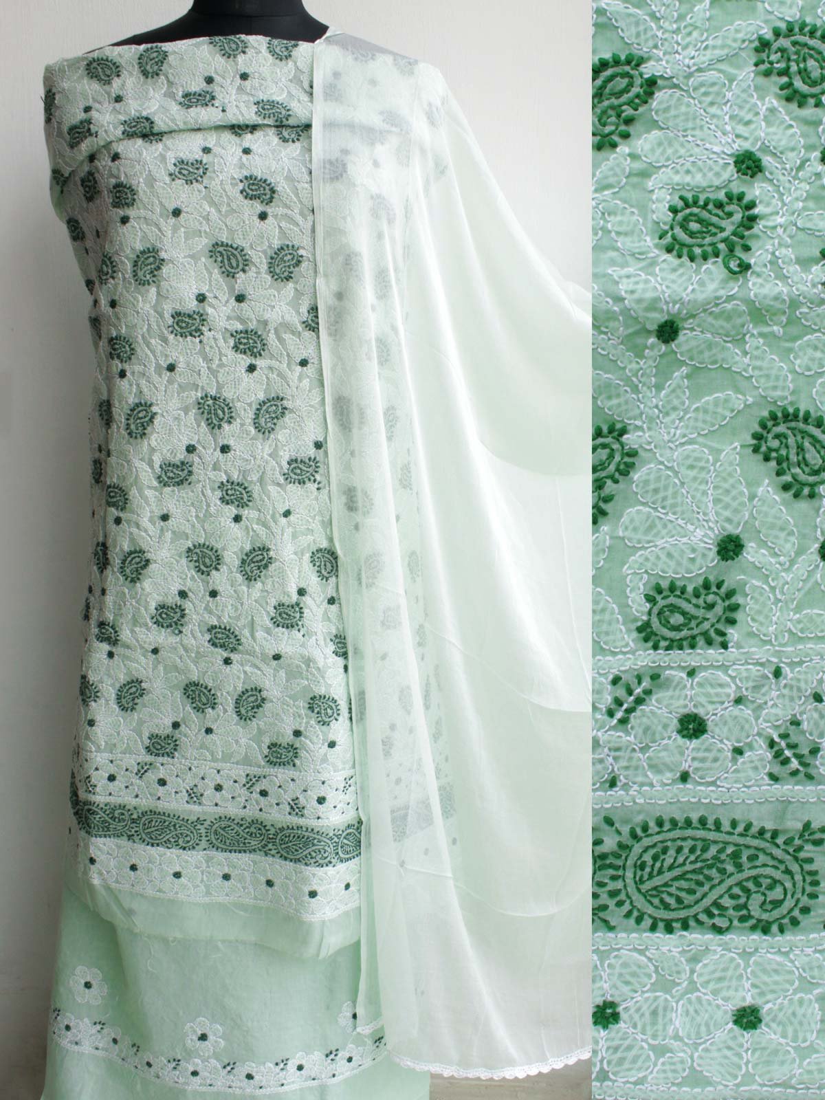 Pale-mint-green-paisley-chikankari-cotton-dress-material Pale-mint-green-paisley-chikankari-cotton-dress-material at Shilphaat.com
