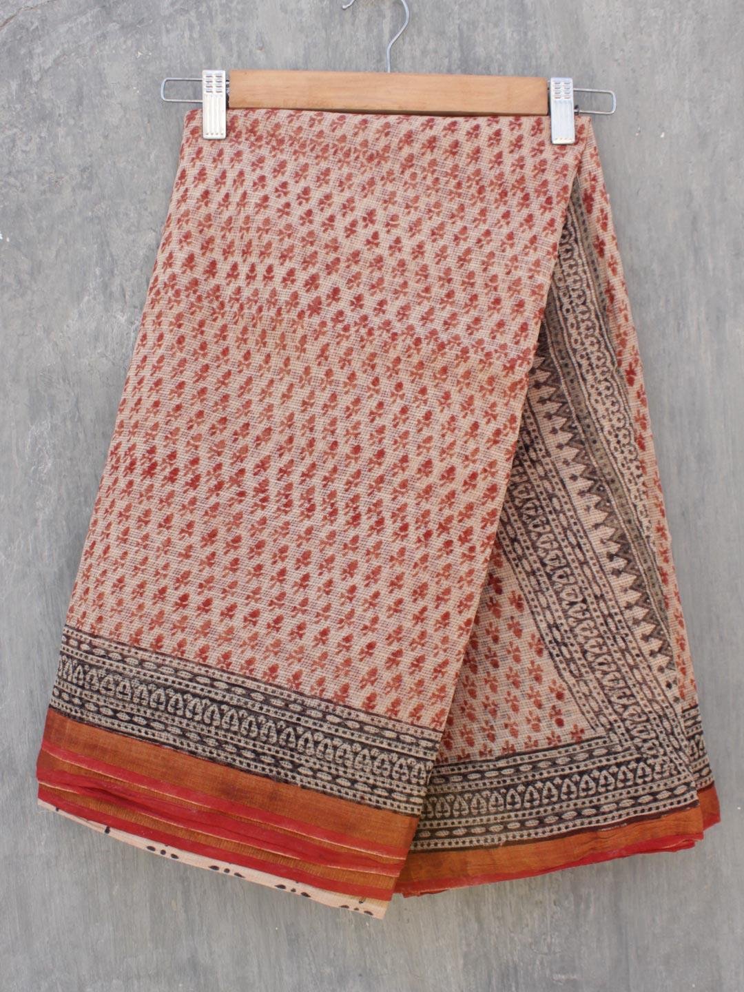 Ochre-red-block-printed-Kota-cotton-saree Ochre-red-block-printed-Kota-cotton-saree at Shilphaat.com