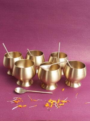 Handcrafted-premium-set-of-6-brass-dessert-bowl-and-spoon-pair at Shilphaat.com