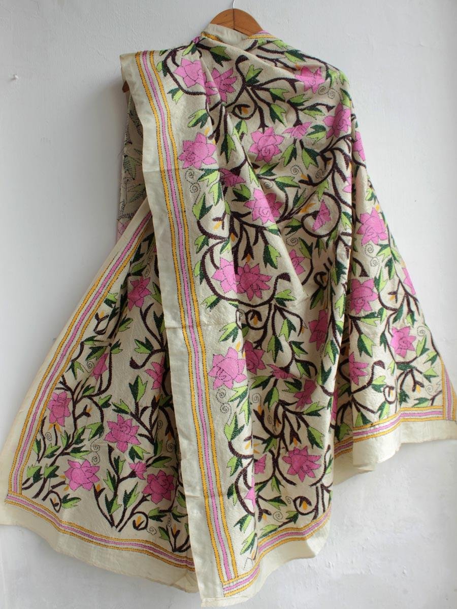 Dull-Pink-Roses-Kanthawork-silk-dupatta Dull-Pink-Roses-Kanthawork-silk-dupatta at Shilphaat.com