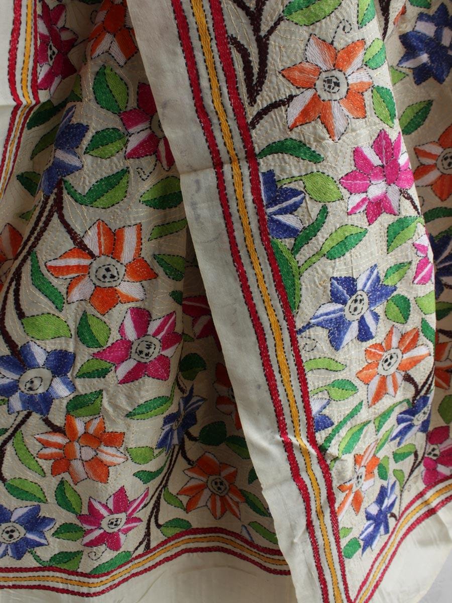 Multicolour-flowers-kantha-embroidered-silk-dupatta Multicolour-flowers-kantha-embroidered-silk-dupatta at Shilphaat.com