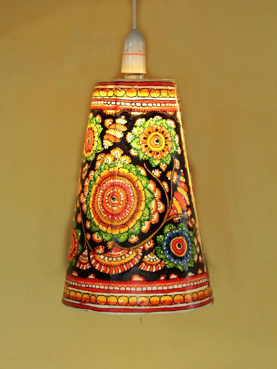 Multicolour-flowers-on-black-tholu-bommalata-hanging-lamp-Shilphaat Multicolour-flowers-on-black-tholu-bommalata-hanging-lamp-Shilphaat