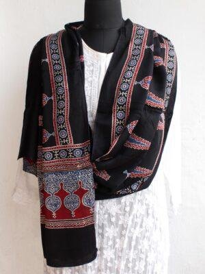 Black-and-Red-Modal-silk-Ajrakh-block-printed-stole at Shilphaat.com