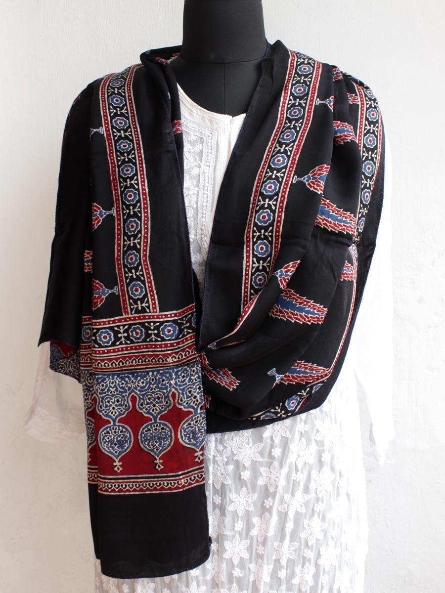 Black-and-Red-Modal-silk-Ajrakh-block-printed-stole Black-and-Red-Modal-silk-Ajrakh-block-printed-stole at Shilphaat.com