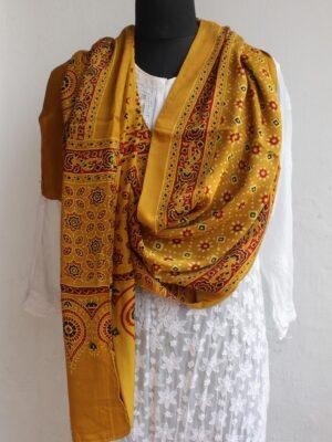 Brownish-Yellow-Modal-silk-Ajrakh-block-printed-stole at Shilphaat.com