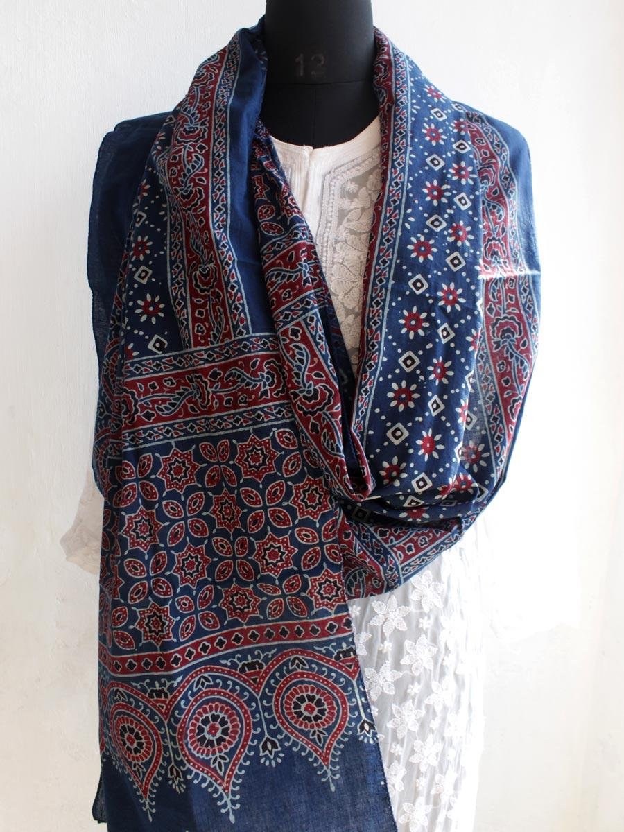 Indigo-and-Red-Ajrakh-cotton-Scarf Indigo-and-Red-Ajrakh-cotton-Scarf at Shilphaat.com