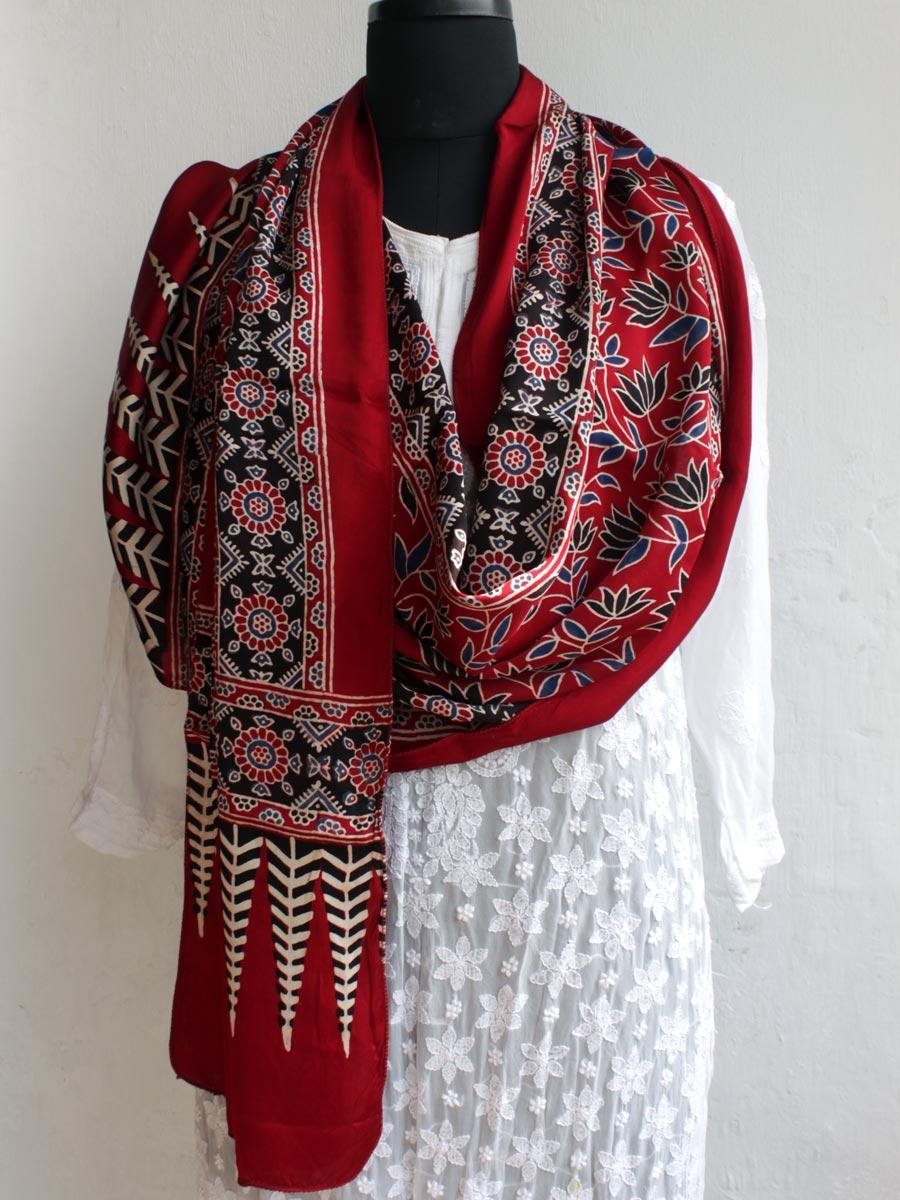 Maroon-Red-Modal-silk-Ajrakh-block-printed-stole Maroon-Red-Modal-silk-Ajrakh-block-printed-stole at Shilphaat.com