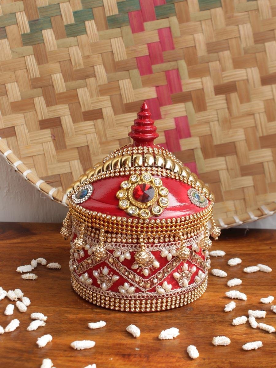 Red-Crystal-and-beads-small-wooden-sindur-box Red-Crystal-and-beads-small-wooden-sindur-box at Shilphaat.com