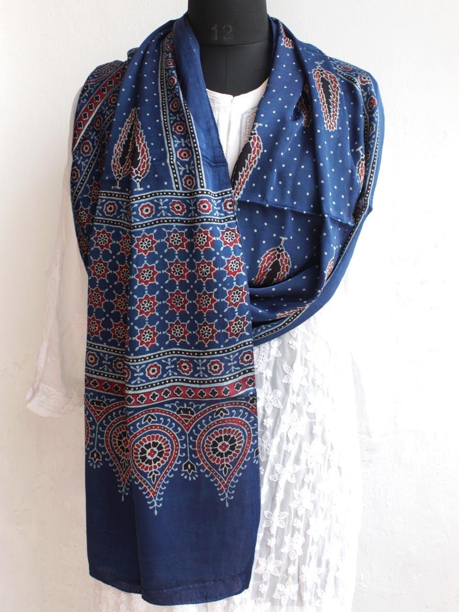 Red-leaves-on-Indigo-Modal-silk-Ajrakh-block-printed-stole Red-leaves-on-Indigo-Modal-silk-Ajrakh-block-printed-stole at Shilphaat
