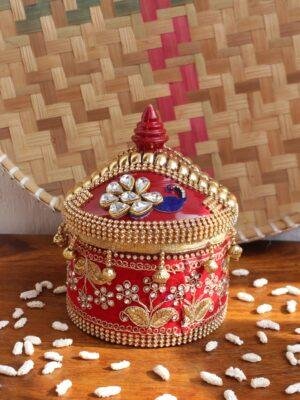Zari-and-Blue-Peacock-small-wooden-sindoor-box at Shilphaat.com