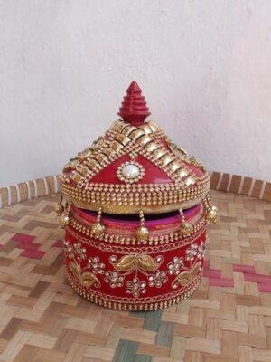 Yellow-Peacock,-red-lace-medium-wedding-sindur-box at Shilphaat.com