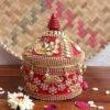 Yellow-Peacock,-red-lace-medium-wooden-Sindoor-box at Shilphaat.com